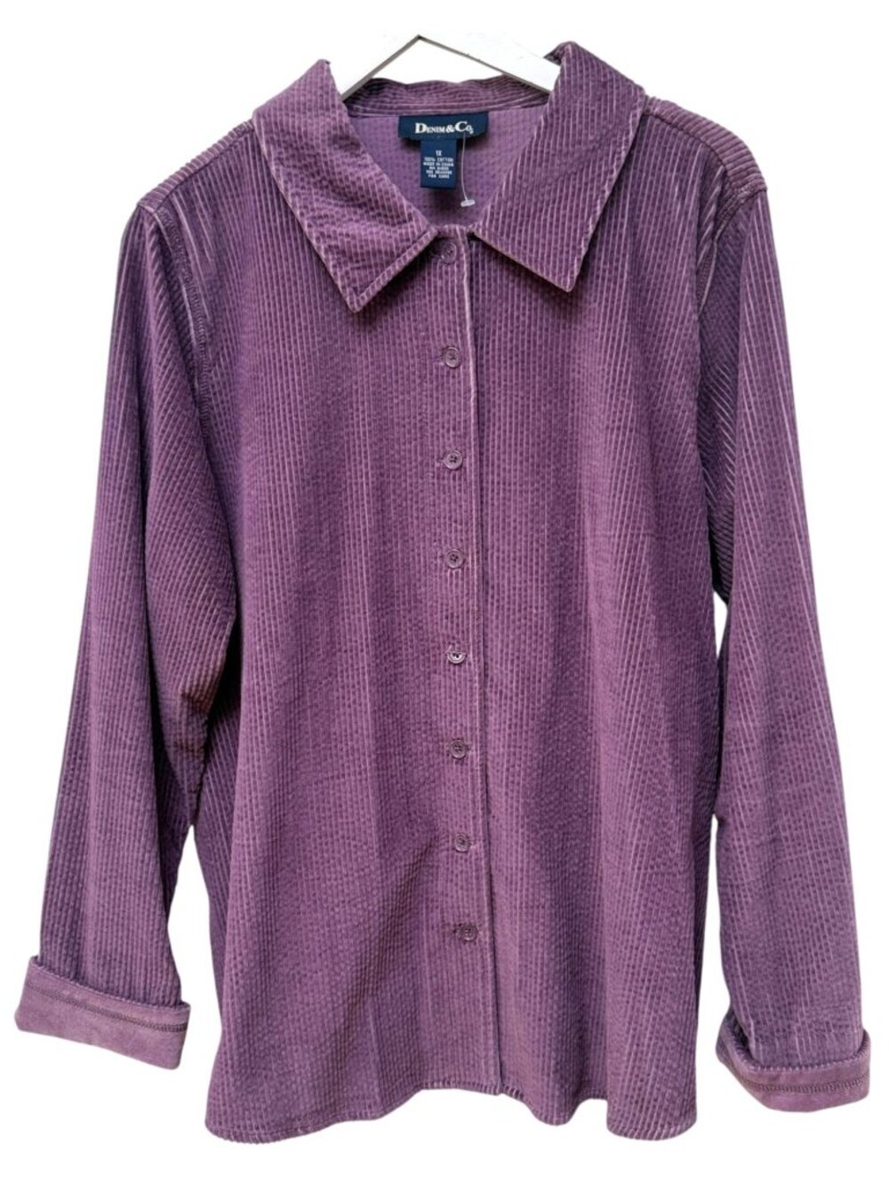 Denim & Co Corduroy Shirt Jacket Plus Size 1X Purple Button Front Casual Shacket
